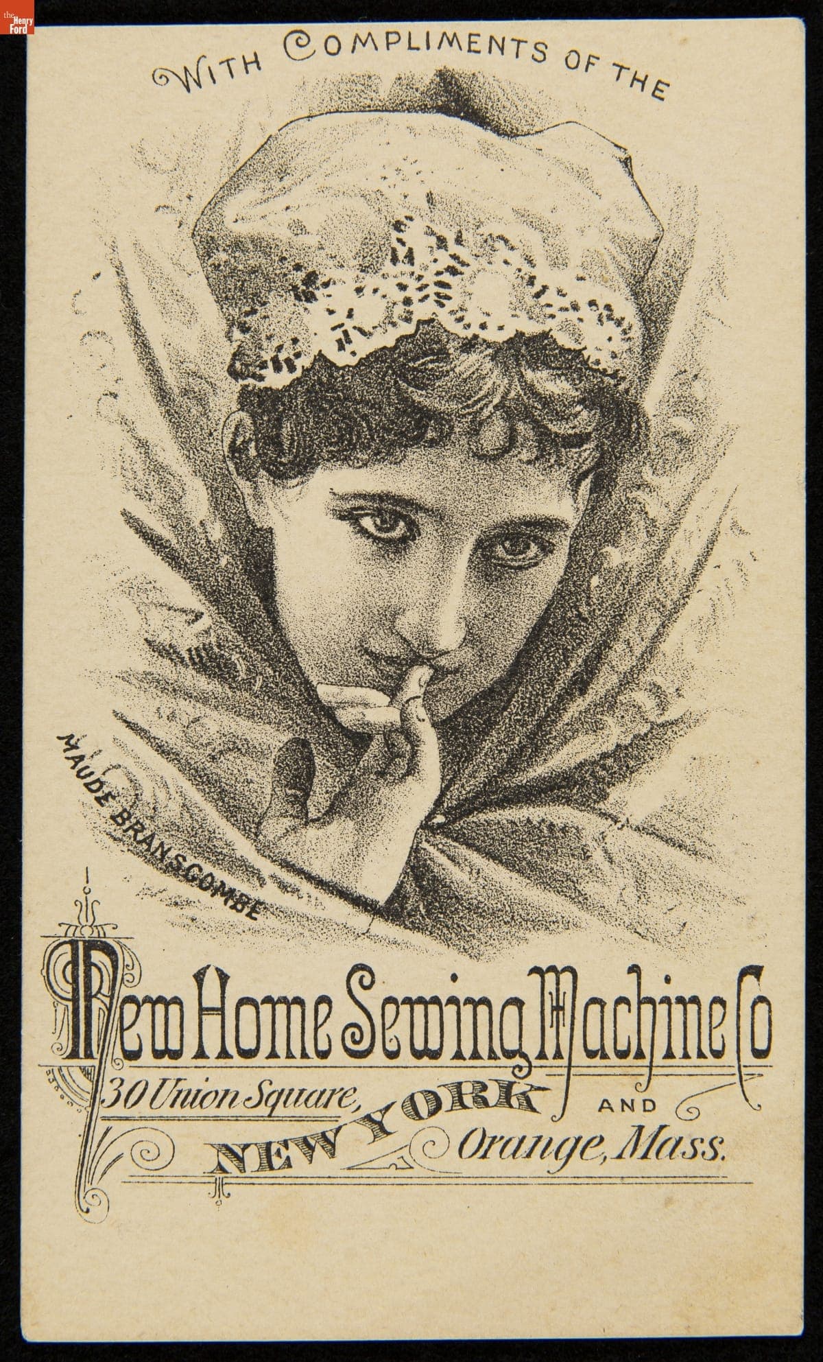 Trade Card for the Light Running Home Shuttle Sewing Machine with Compliments of Maude Branscombe, New Home Sewing Machine Co., 1882-1890