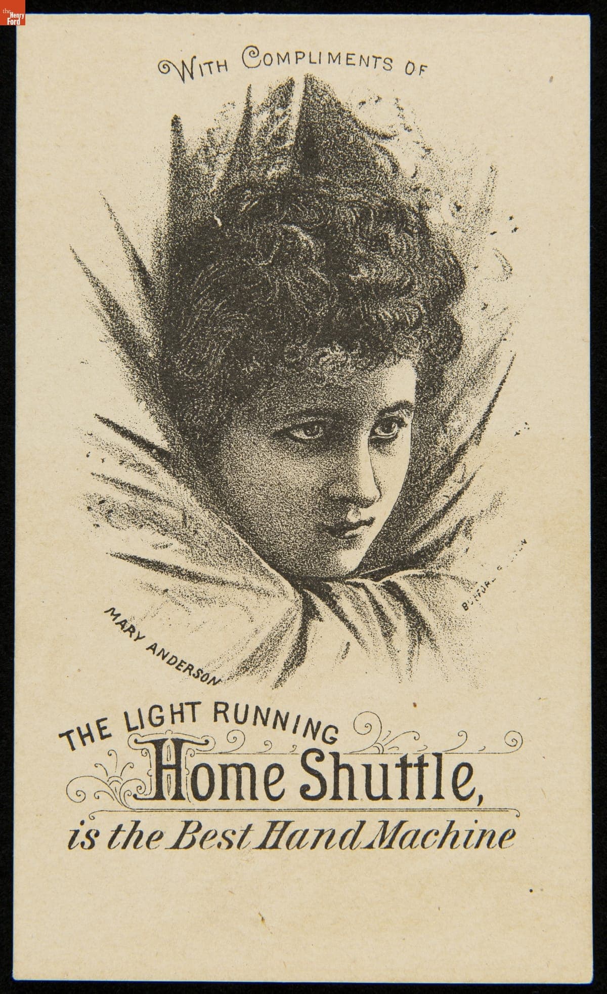 Trade Card for the Light Running Home Shuttle Sewing Machine with Compliments of Mary Anderson, New Home Sewing Machine Co., 1882-1890