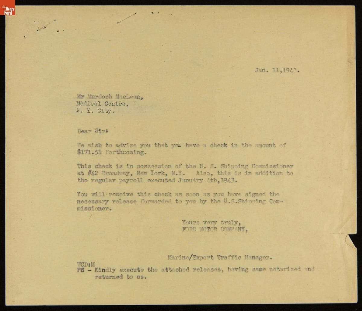 Correspondence regarding the Sunken Ford Freighter "East Indian," 1942