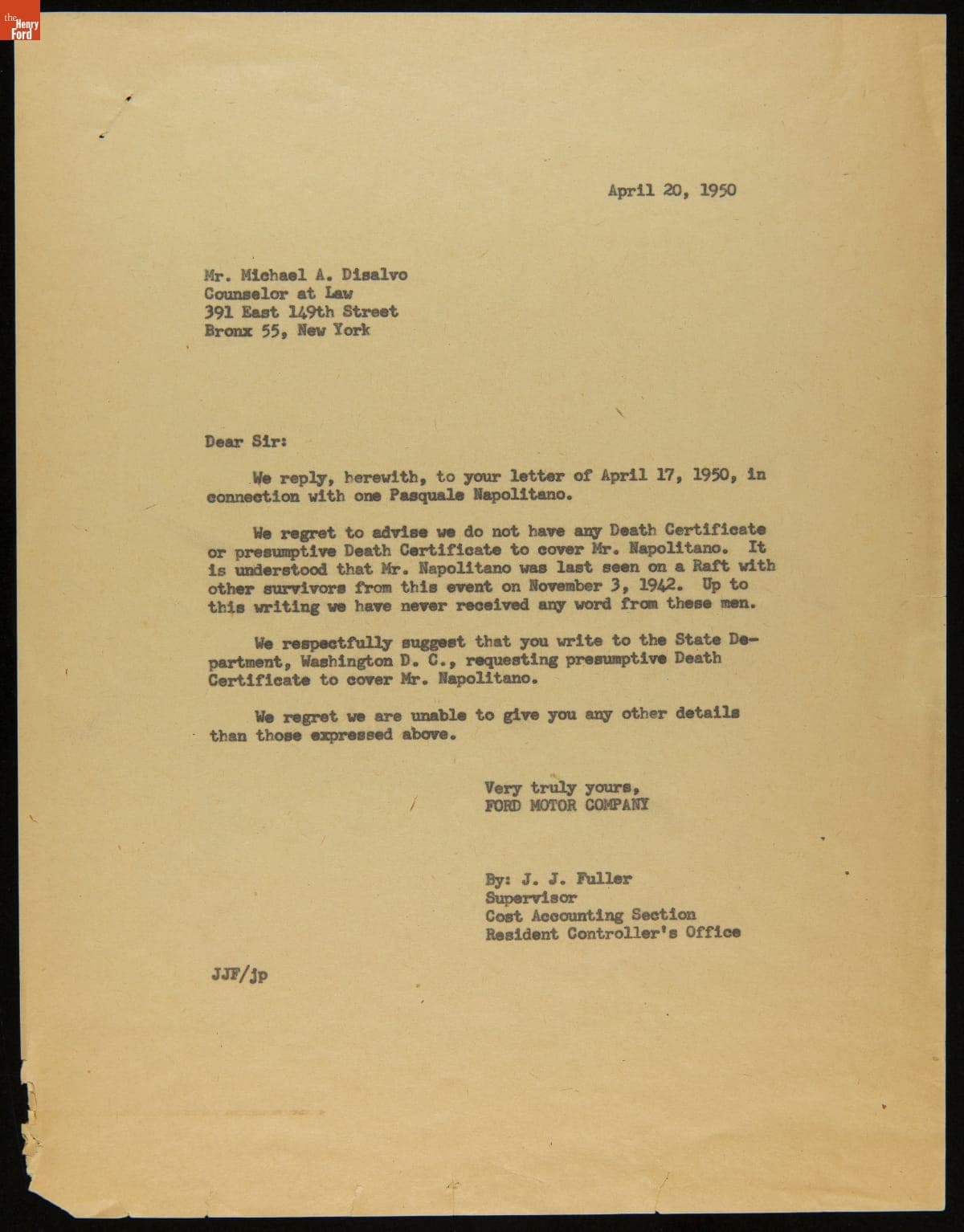 Correspondence regarding the Sunken Ford Motor Company Freighter "East Indian," April 1950