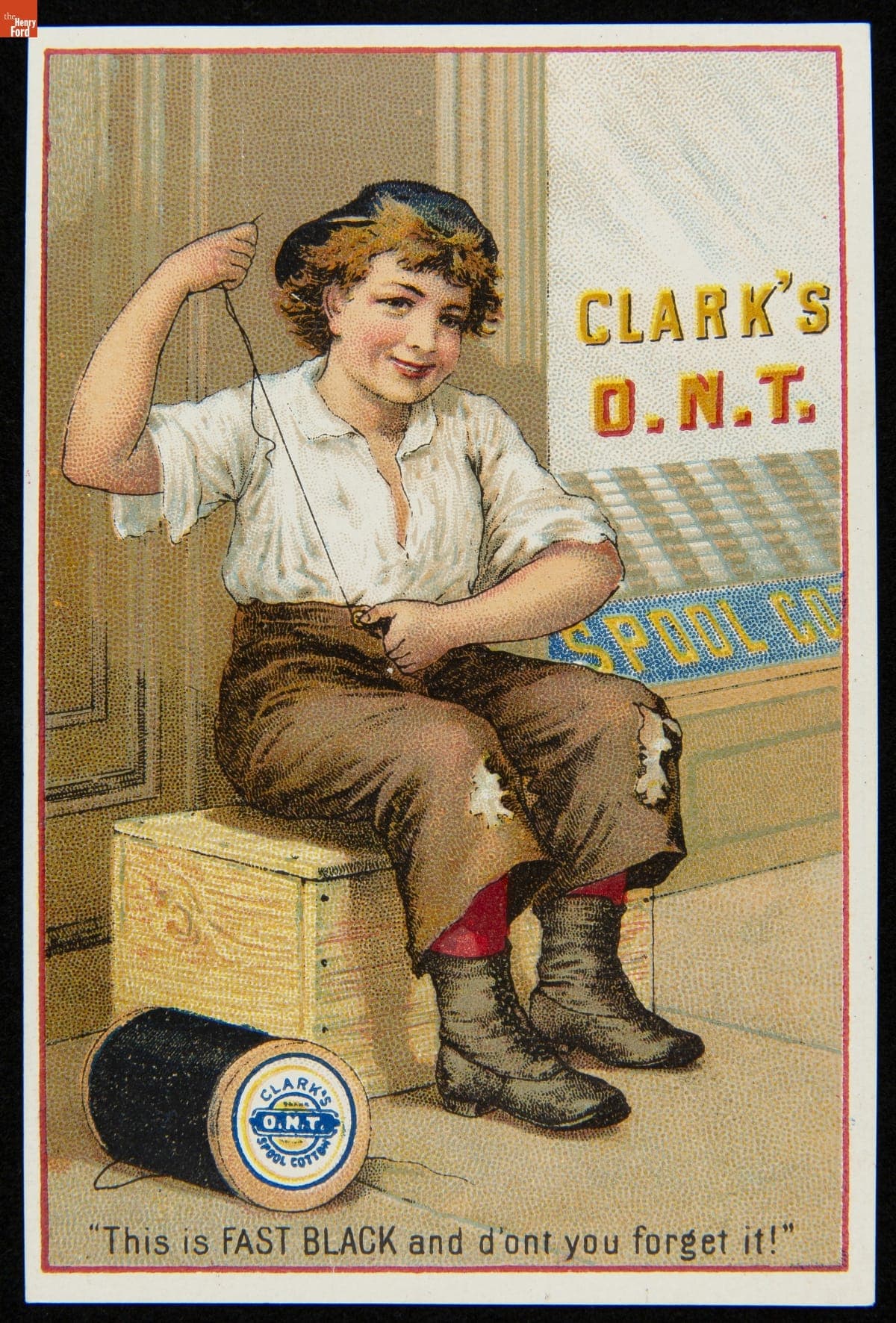 Trade Card for Clark's Spool Cotton, "This is a fast black and don't you forget it!," Clark's O.N.T., 1880-1890