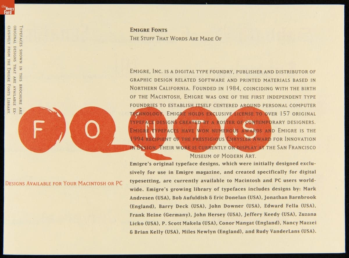 Brochure, "Emigre Fonts: The Stuff That Words Are Made Of," 1995