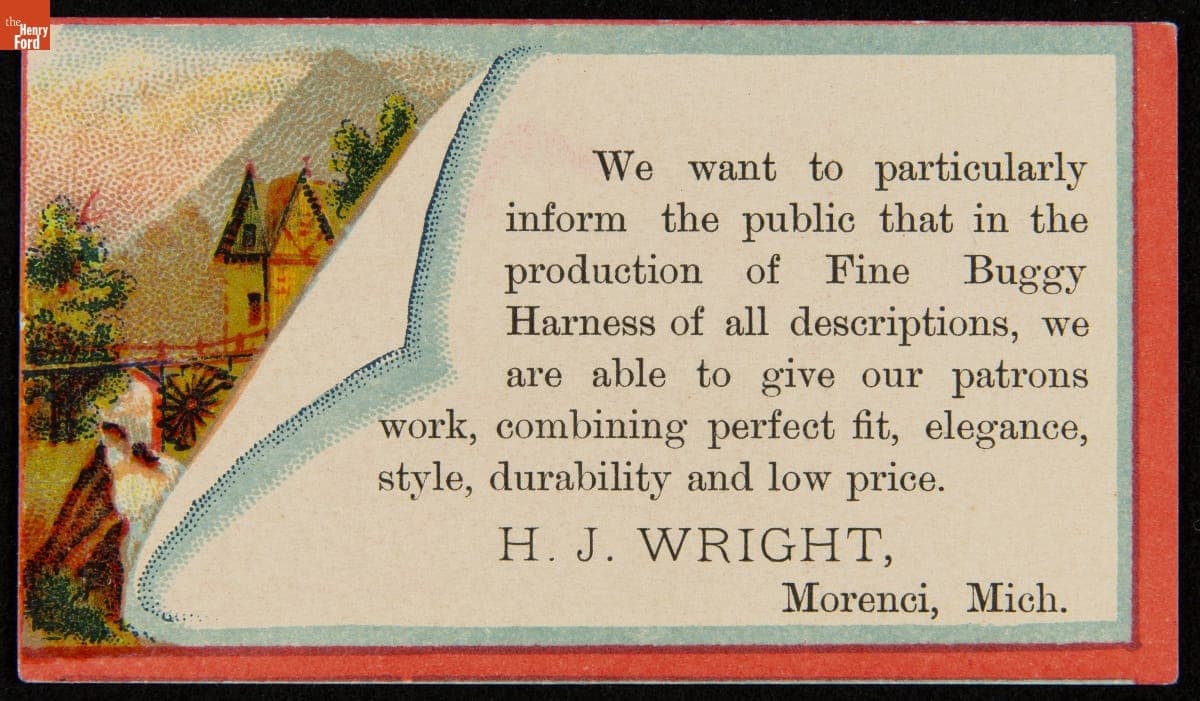 Trade Card for H.J. Wright's Fine Buggy Harnesses, 1880-1890