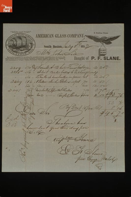 Invoice from the American Glass Company to John Sise for Glassware, July 8, 1852