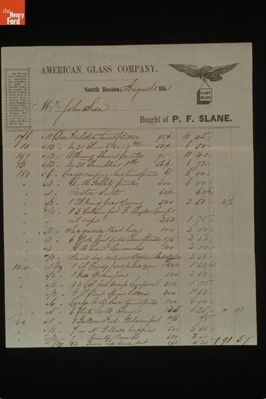 Invoice from the American Glass Company to John Sise for Glassware, August 1, 1851