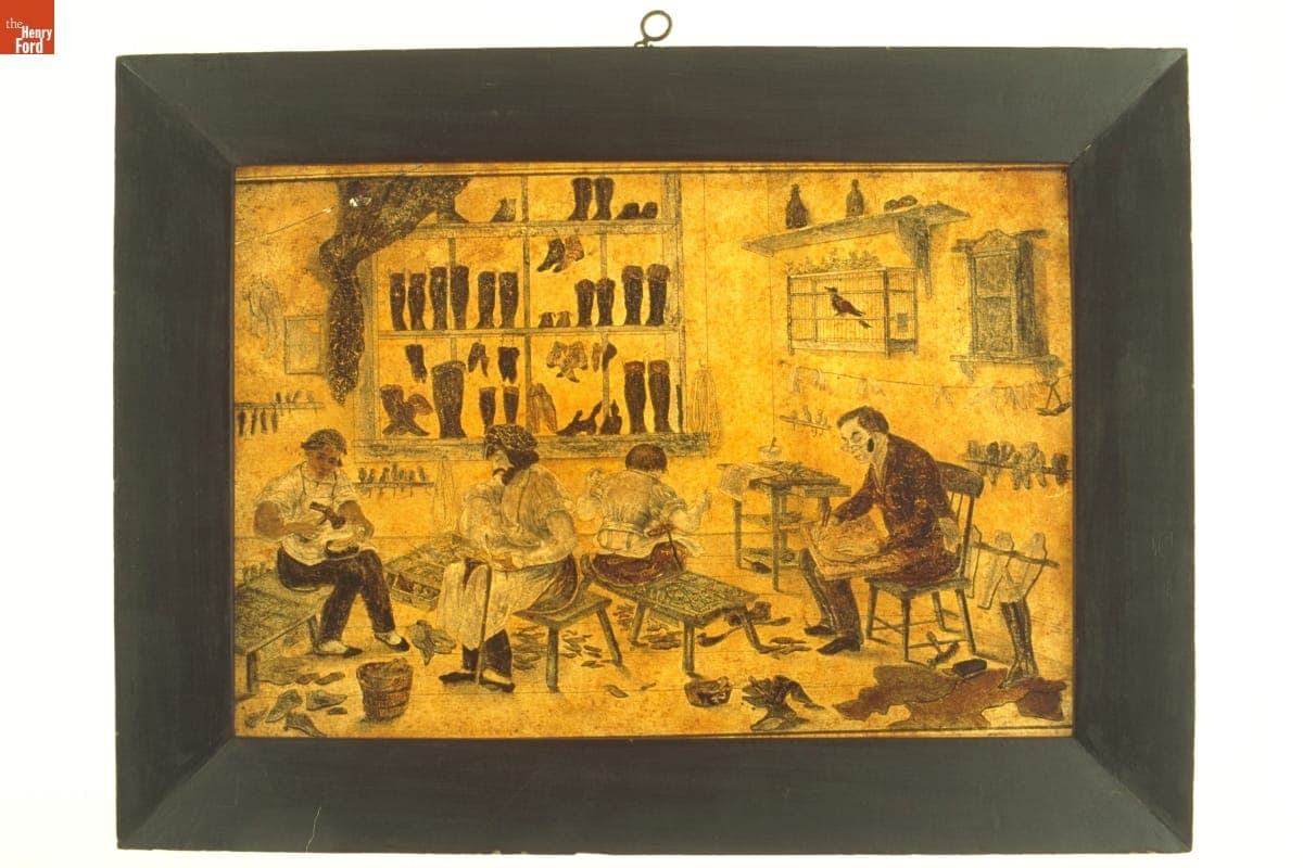 Mezzotint Glass Colored Print, "The Shoemakers," circa 1855