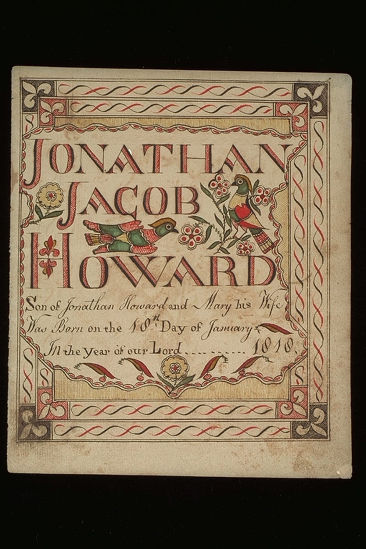 Birth Certificate for Jonathan Jacob Howard, circa 1820