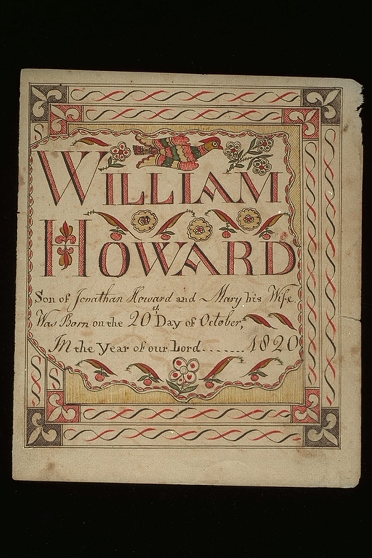 Birth Certificate for William Howard, 1820