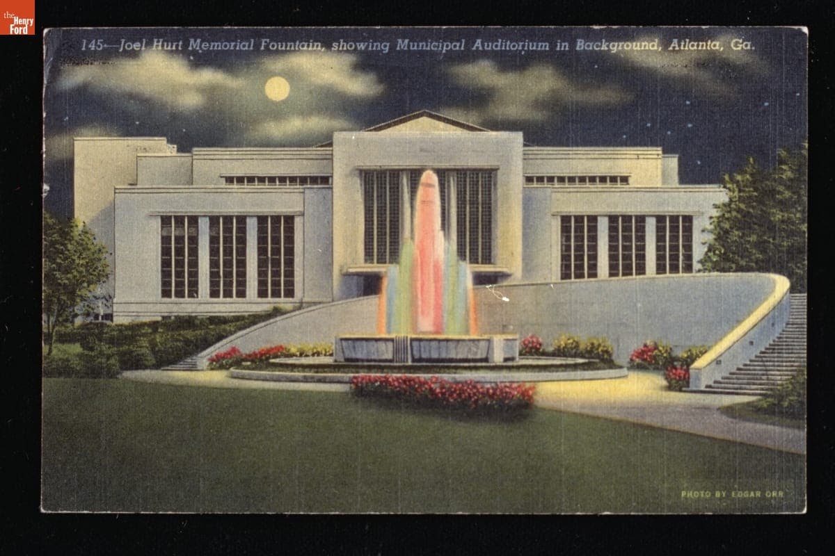 Joel Hurt Memorial Fountain, Showing Municipal Auditorium in Background, Atlanta, Ga., February 11, 1956