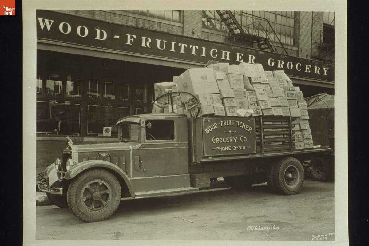 Mack Truck with a Wood-Fruitticher Grocery Co. Sign, 1935