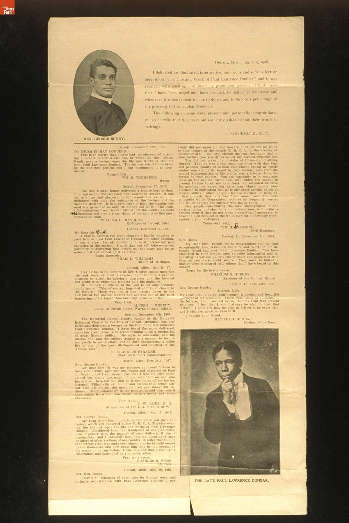 Congratulatory Letters for Rev. George Bundy's Lecture on the Late Poet Paul Laurence Dunbar, 1908