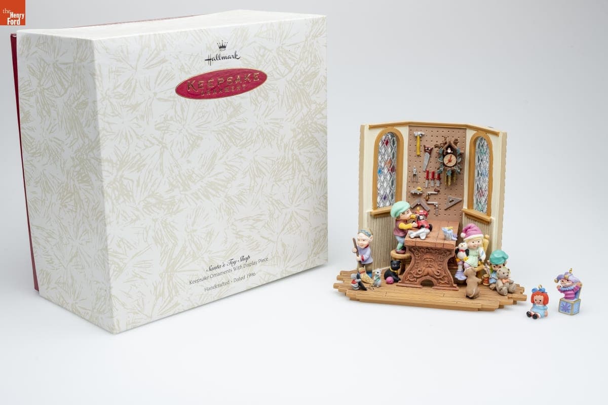 Hallmark "Keepsake Signature Collection: Santa's Toy Shop" Christmas Ornaments with Display Base, 1996