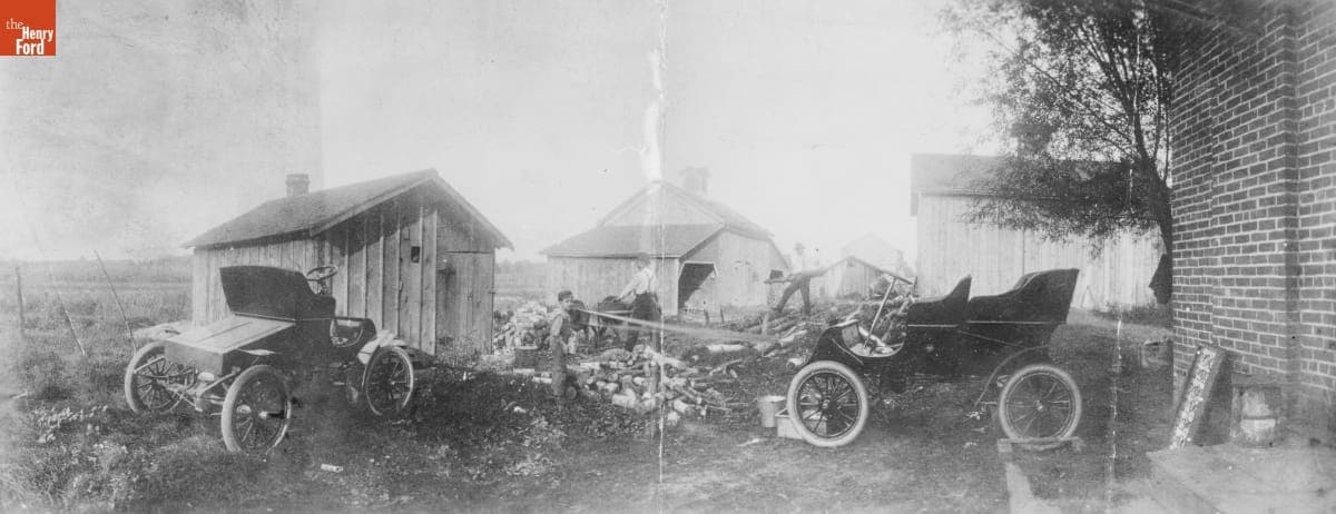 Edsel Ford Standing by a 1903 Ford Model A Car Providing Power for a Saw at the Bryant Family Homestead