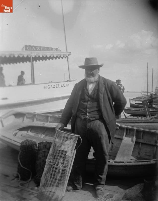 Captain Johnson with Fishing Trap and Boat, Canarsie, Brooklyn, New York, 1890-1915