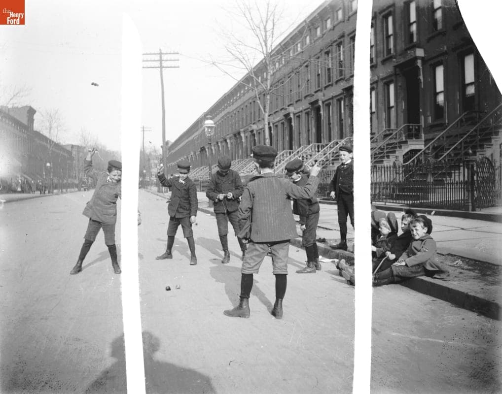 Boys Playing with Tops on Street, 1890-1915