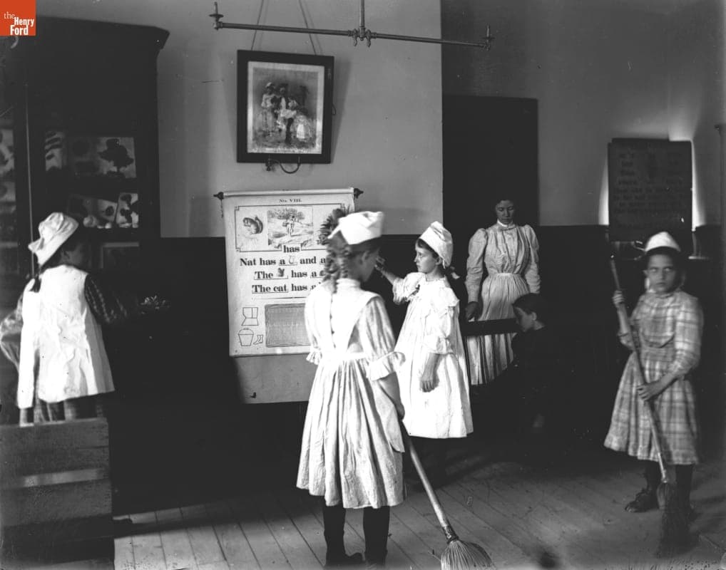 Industrial School, Girls Sweeping and Reading a Lesson, 1890-1915