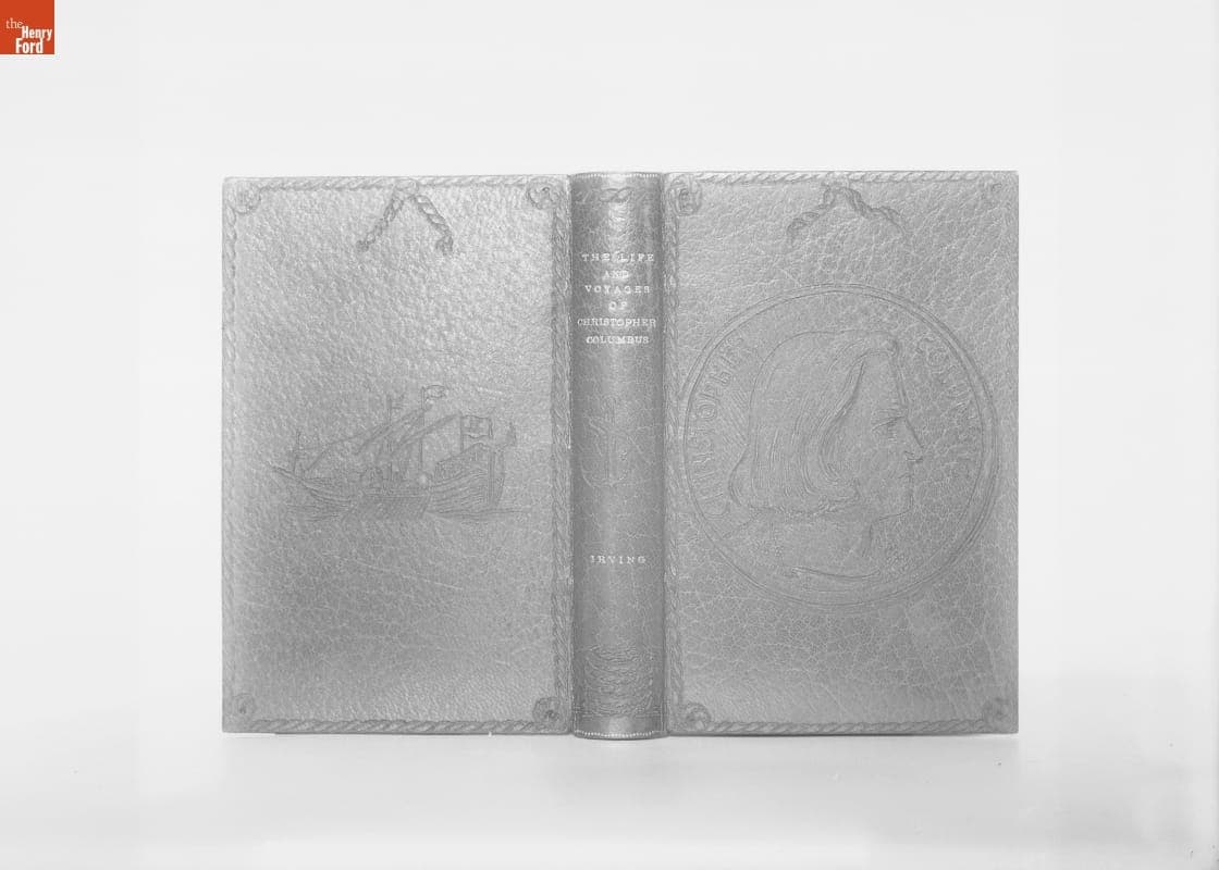 Book Cover, "Life and Voyages of Columbus" by Irving.  Pyrographic Decoration on Bookbinding., 1890-1915