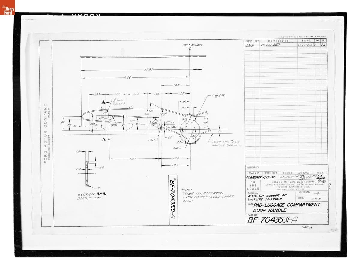 Drawing, "Pad - Luggage Compartment Door Handle," December 21, 1951