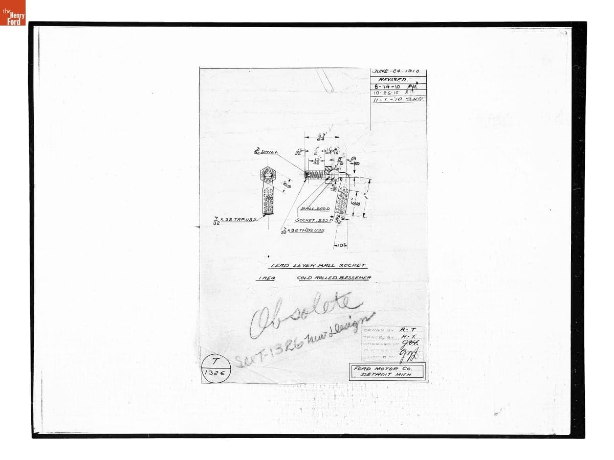 Drawing, "Lead Lever Ball Socket," Ford Model T, November 1, 1910