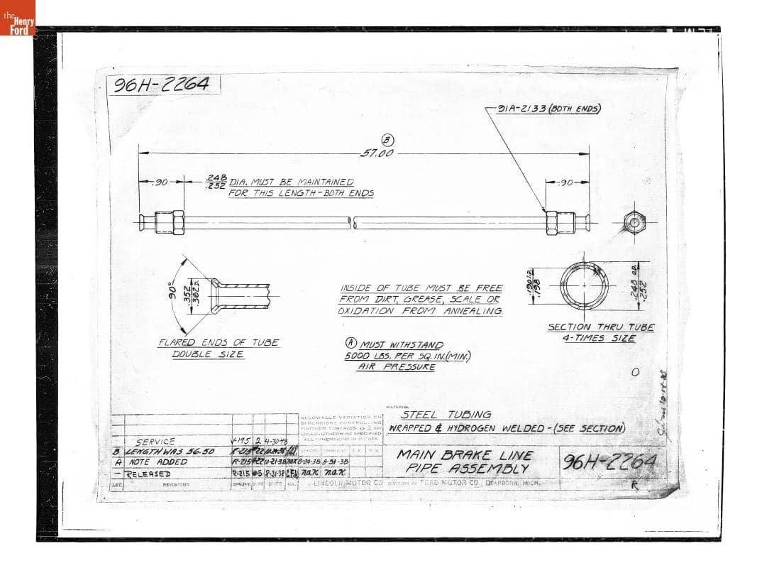 Drawing, "Main Brake Line Pipe Assembly," Ford Automobile, April 30, 1948