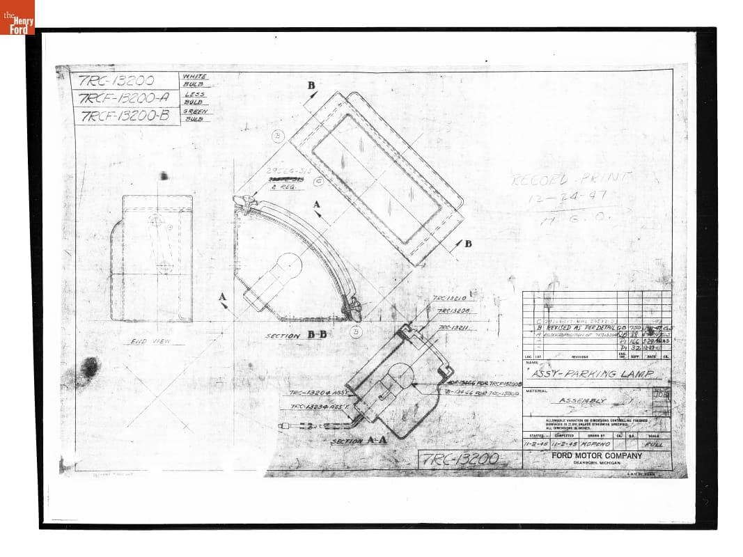 Drawing, "Ass'y - Parking Lamp," Ford Automobile, December 11, 1947