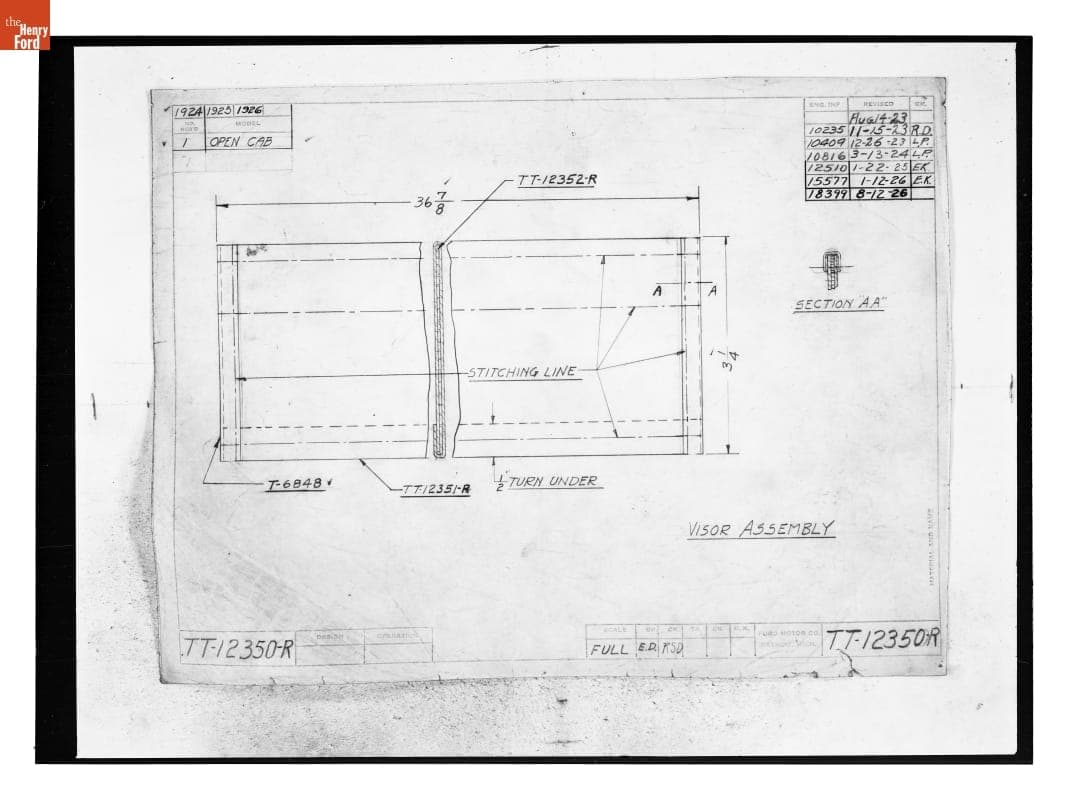 Drawing, "Visor Assembly," Ford Model T Truck, August 12, 1926