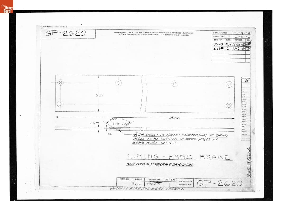 Drawing, "Lining - Hand Brake," Ford GP, October 21, 1941