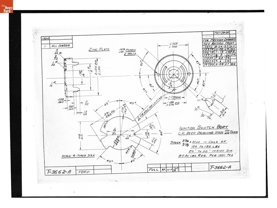 Drawing, "Ignition Switch Body," Ford Model T, March 24, 1927