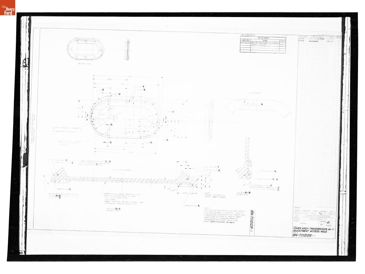 Drawing, "Cover Assembly - Transmission Band Adjustment Access Hole," Ford Automobile, February 24, 1953