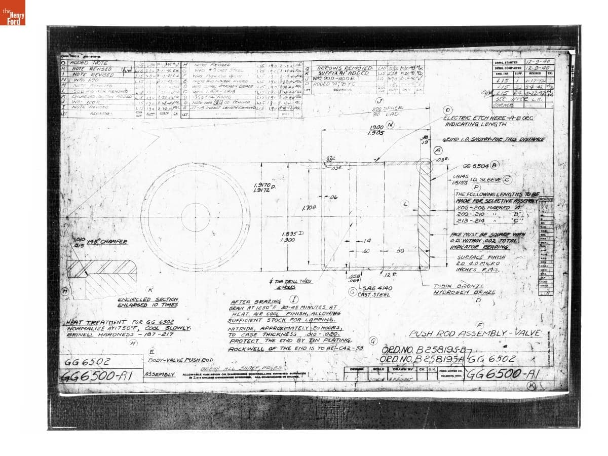 Drawing, "Push Rod Assembly - Valve," Ford V-12 Aircraft Engine (GG Aero Engine), January 30, 1943
