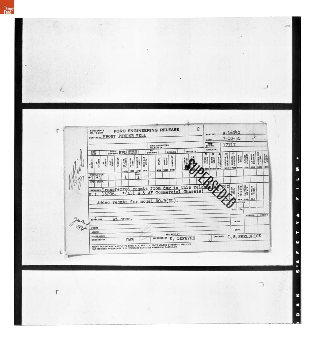 Engineering Release Notes, Front Fender Well, Ford Model A, July 1930