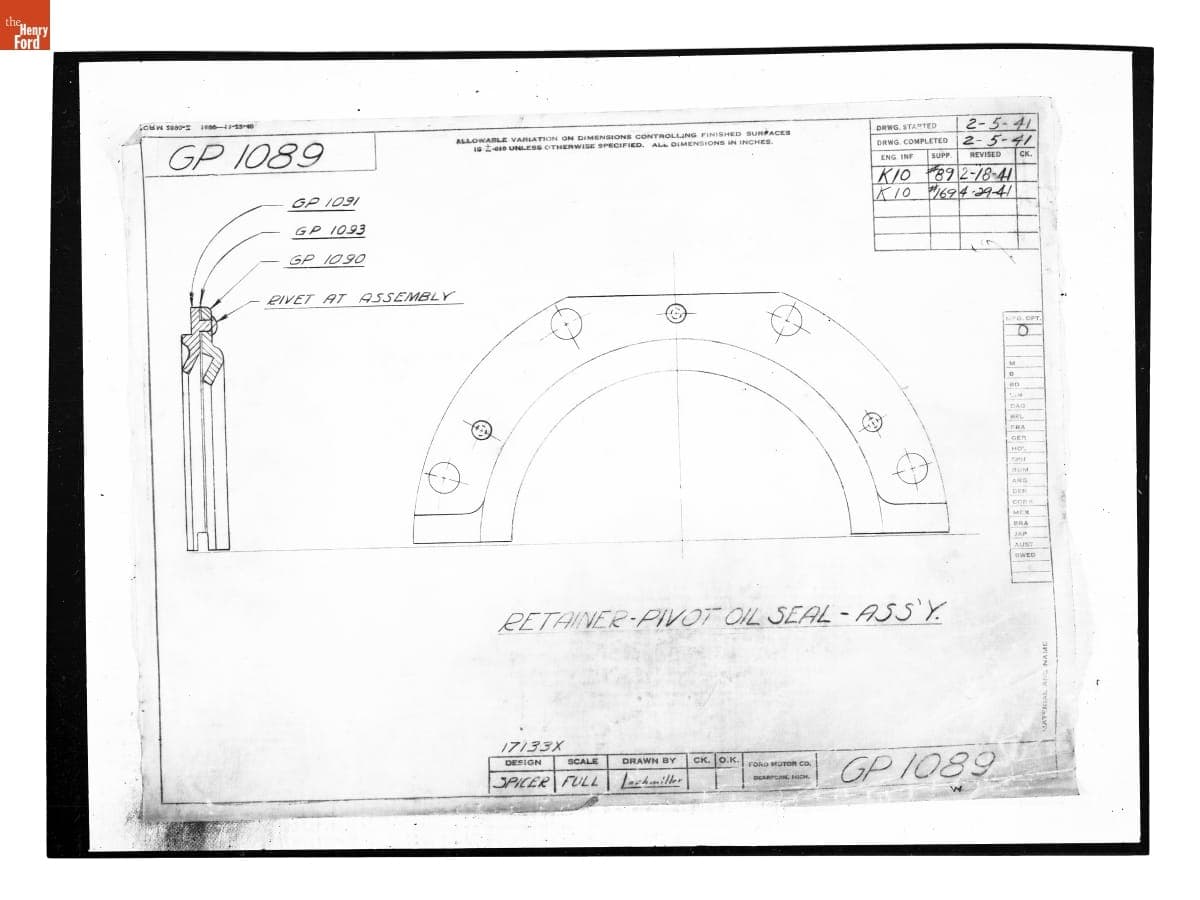 Drawing, "Retainer - Pivot Oil Seal - Ass'y.," Ford GP, April 29, 1941