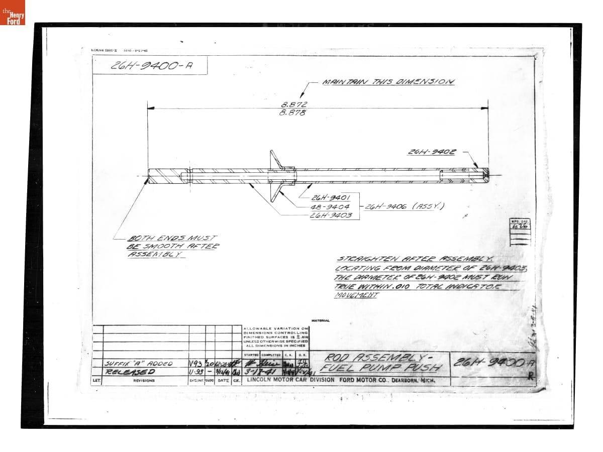 Drawing, "Rod Assembly - Fuel Pump Push," Lincoln Automobile, December 23, 1941