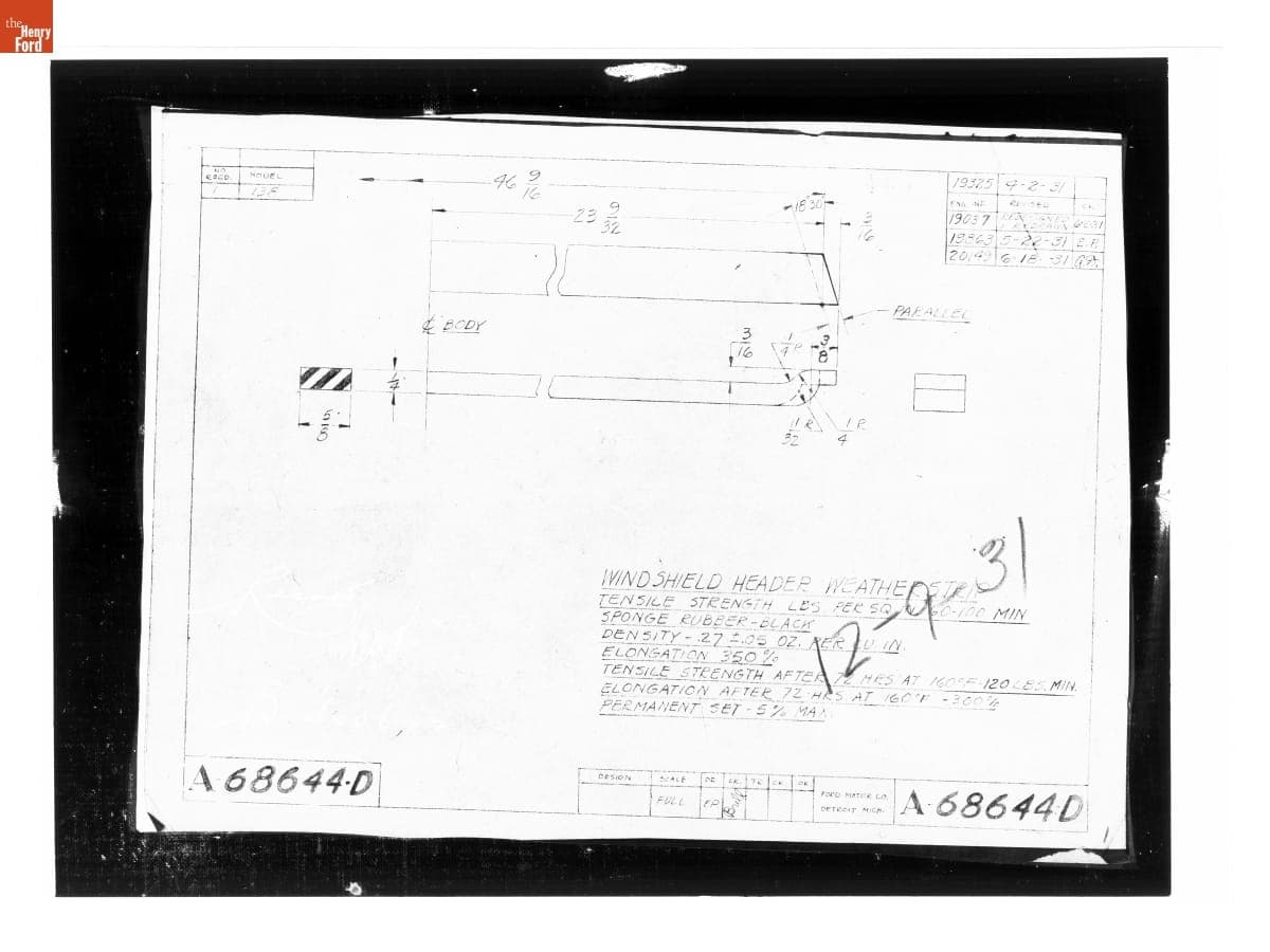 Drawing, "Windshield Header Weatherstrip," Ford Model A, June 18, 1931