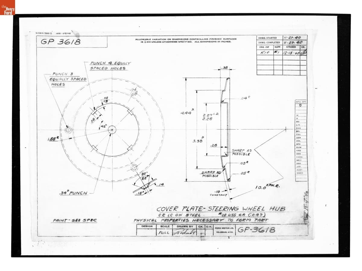 Drawing, "Cover Plate - Steering Wheel Hub," Ford GP, December 13, 1940