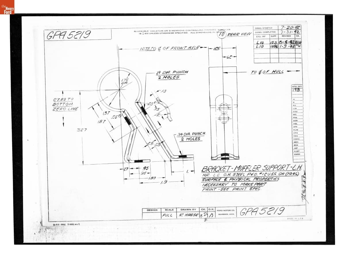 Drawing, "Bracket - Muffler Support - L.H.," Ford GPA, January 9, 1943