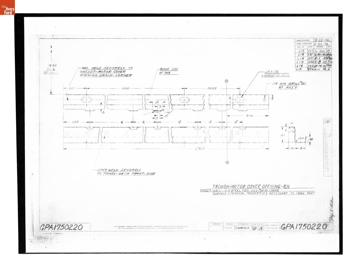 Drawing, "Trough - Motor Cover Opening - R.H.," Ford GPA, January 4, 1943