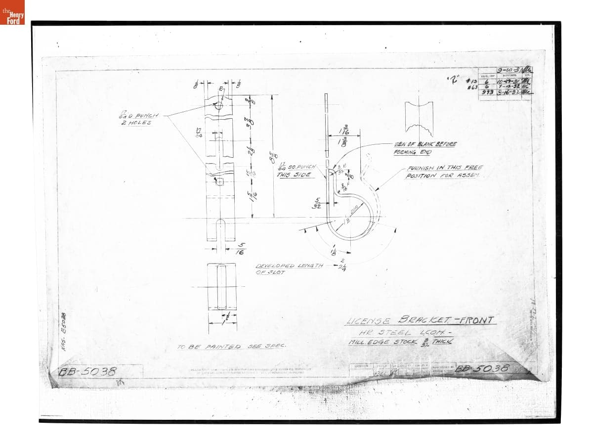 Drawing, "License Bracket - Front," Ford Model BB Truck, March 16, 1932