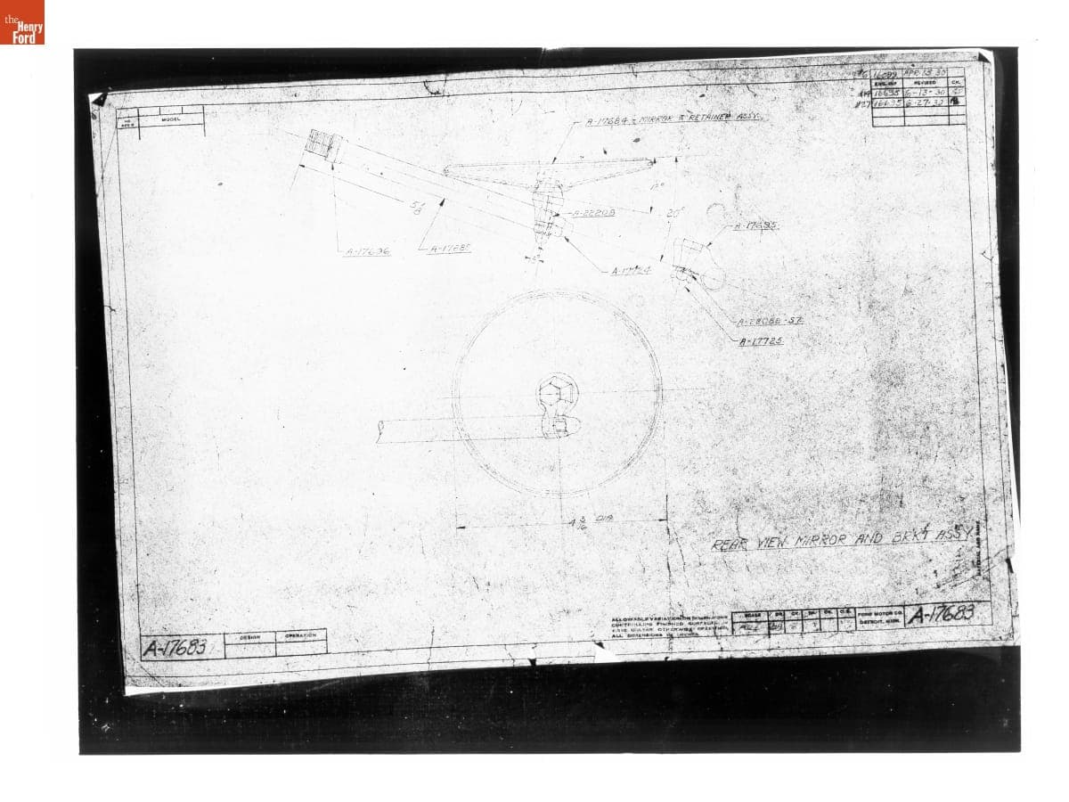 Drawing, "Rear View Mirror and Br'k't Ass'y.," Ford Model A, June 27, 1930