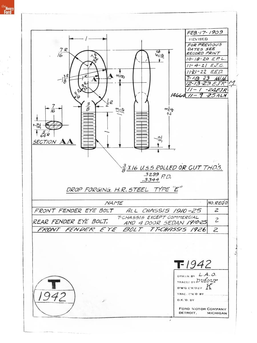 Drawing, "Front Fender Eye Bolt," Ford Model T, November 9, 1925