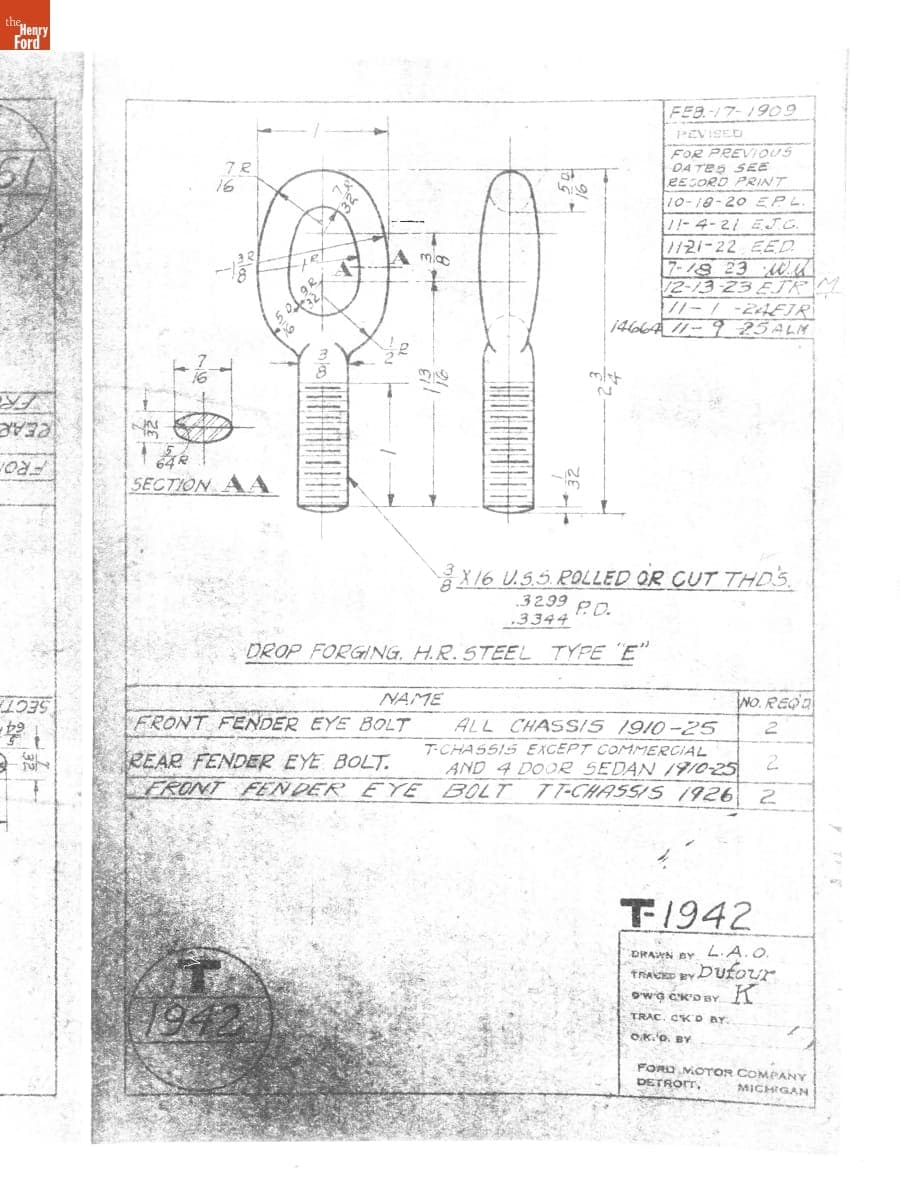 Drawing, "Front Fender Eye Bolt," Ford Model T, November 9, 1925
