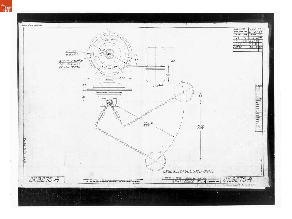 Drawing, "Gage Assy. - Fuel (Tank Unit)," Ford Automobile, August 29, 1941