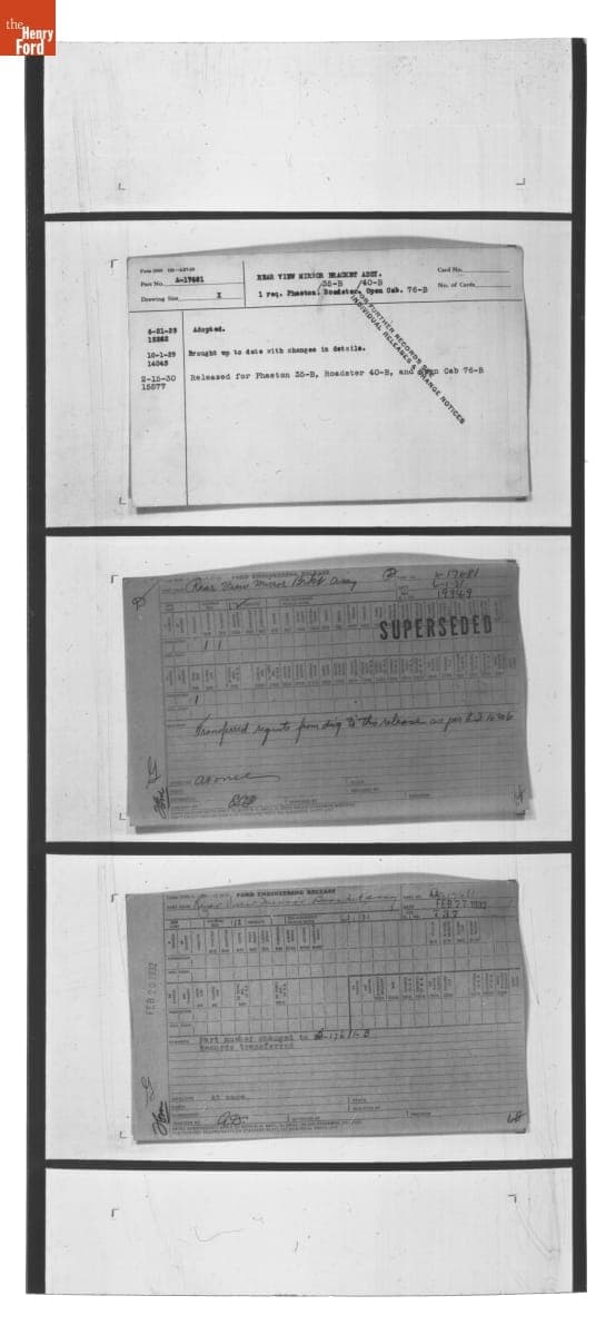 Engineering Release Notes, Rear View Mirror Bracket Assembly, Ford Model A, 1929-1932