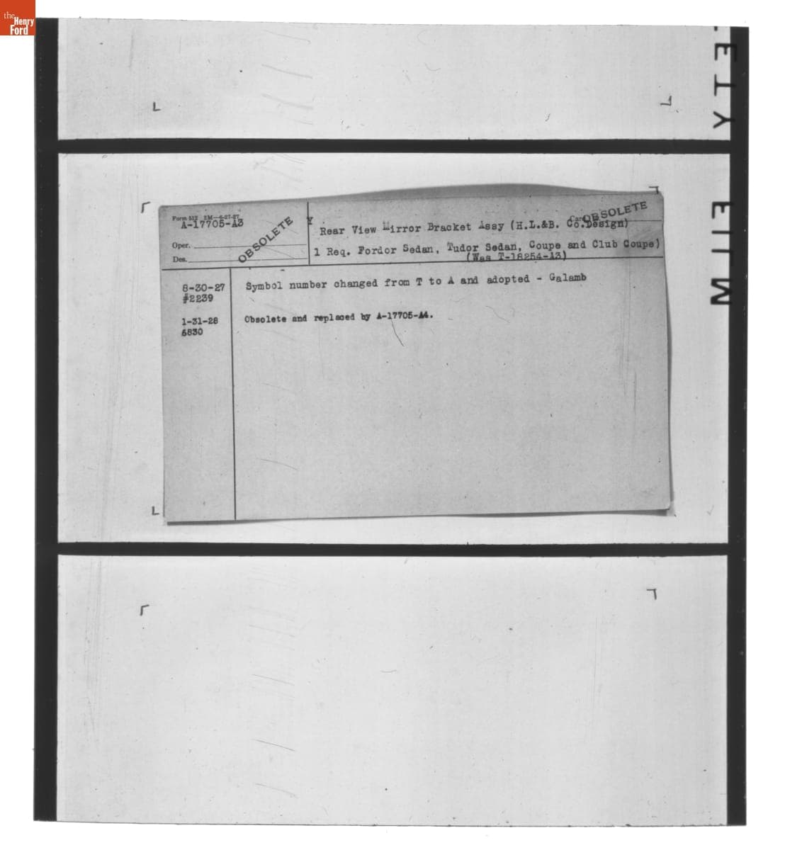 Engineering Release Notes, Rear View Mirror Bracket Assembly, Ford Model A, 1927-1928