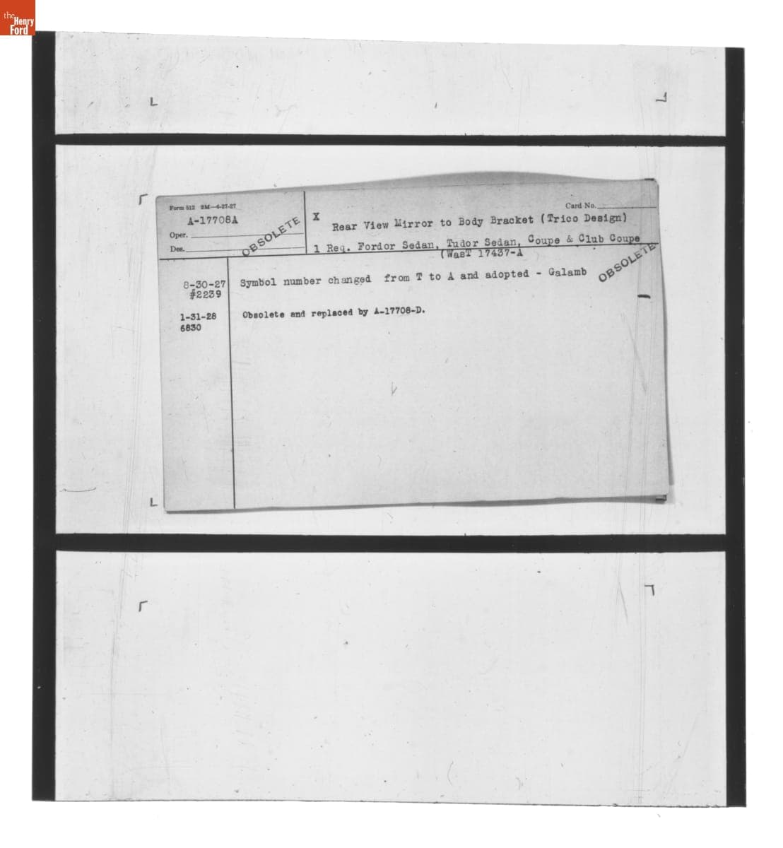 Engineering Release Notes, Rear View Mirror to Body Bracket, Ford Model A, 1927-1928