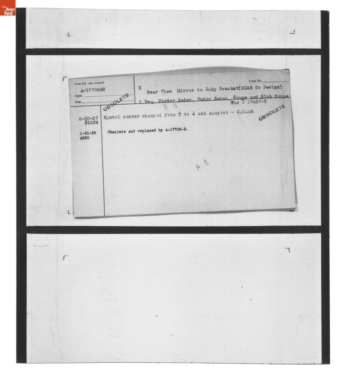 Engineering Release Notes, Rear View Mirror to Body Bracket, Ford Model A, 1927-1928