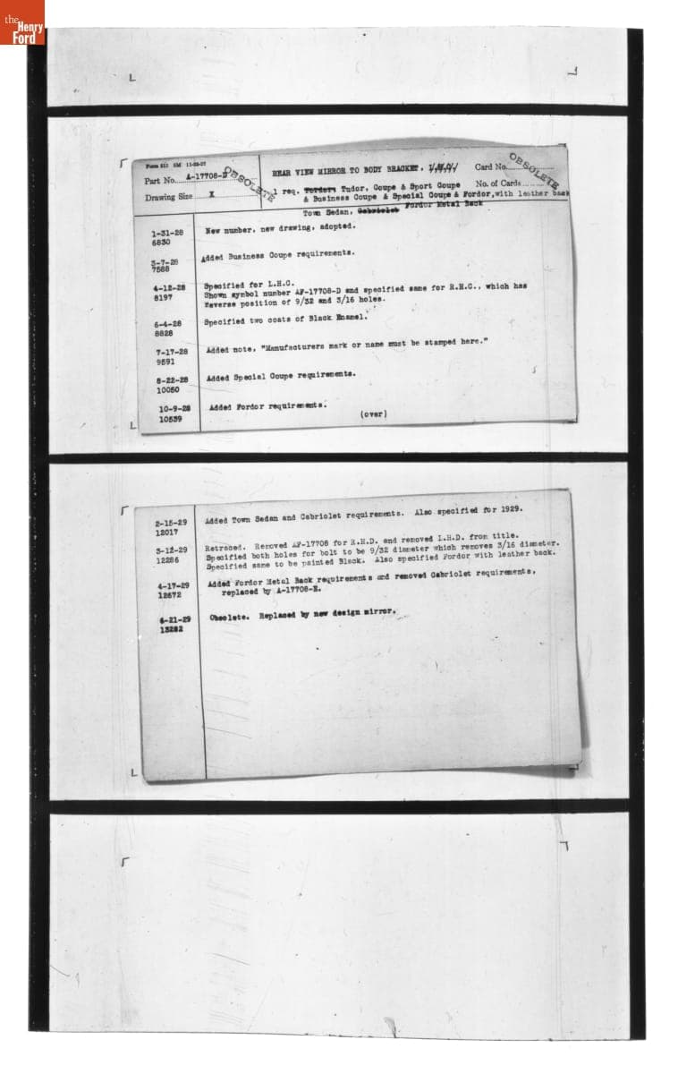Engineering Release Notes, Rear View Mirror to Body Bracket, Ford Model A, 1928-1929