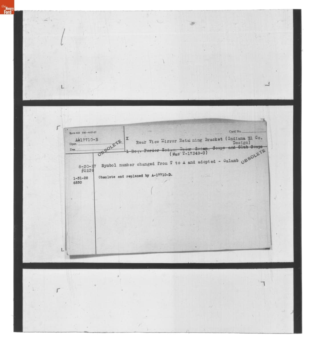 Engineering Release Notes, Rear View Mirror Retaining Bracket, Ford Model A, 1927-1928