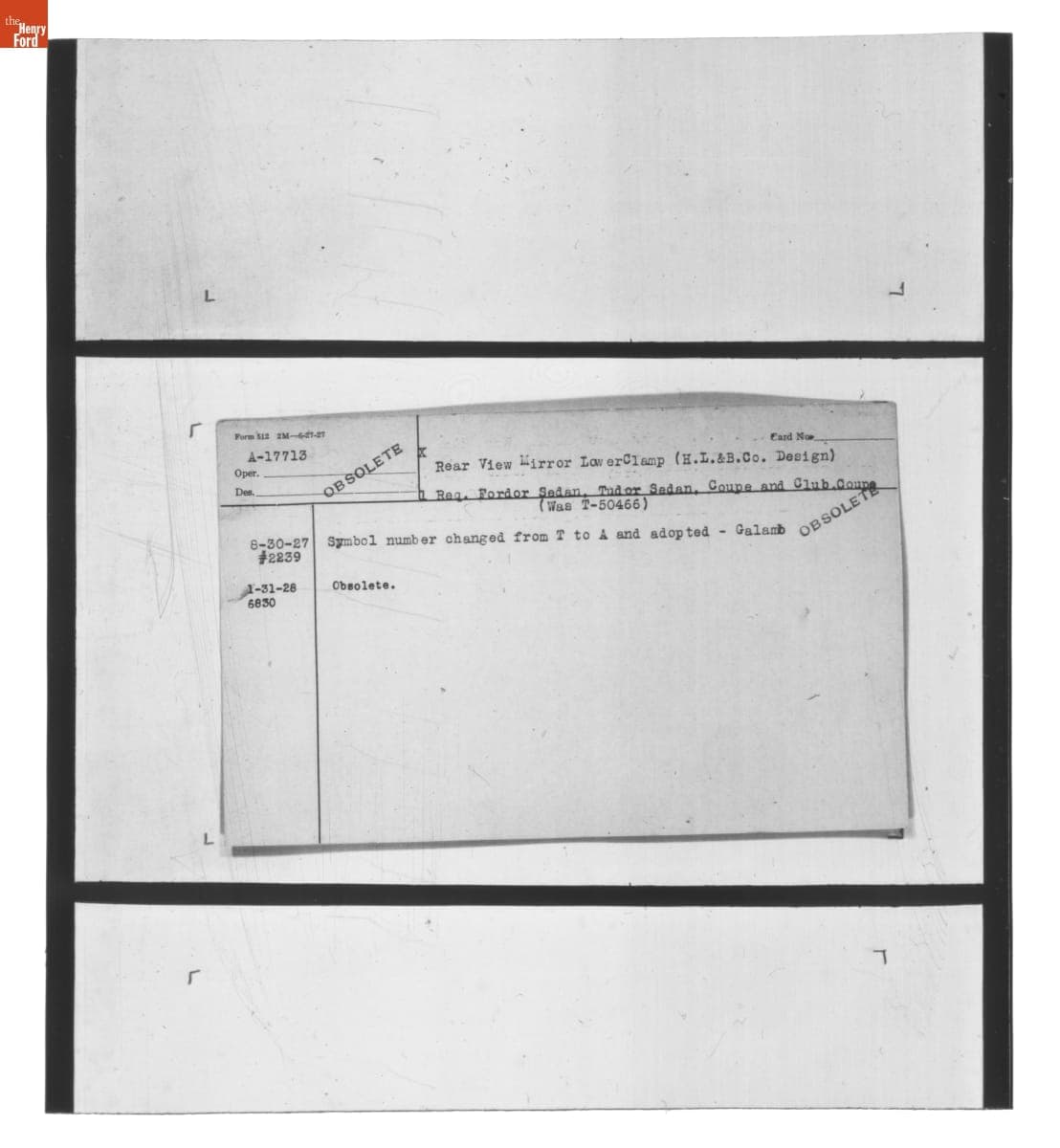 Engineering Release Notes, Rear View Mirror Lower Clamp, Ford Model A, 1927-1928
