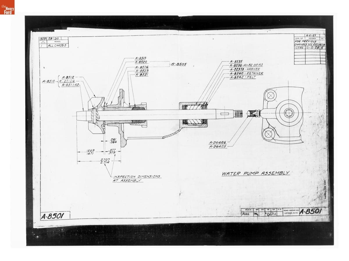 Drawing, "Water Pump Assembly," Ford Model A, October 12, 1928